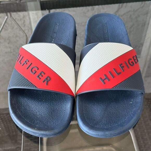 VTG Tommy Hilfiger Slide Sandals Mens 10 Blue USA Flag Y2K Preppy 90s - Picture 3 of 8